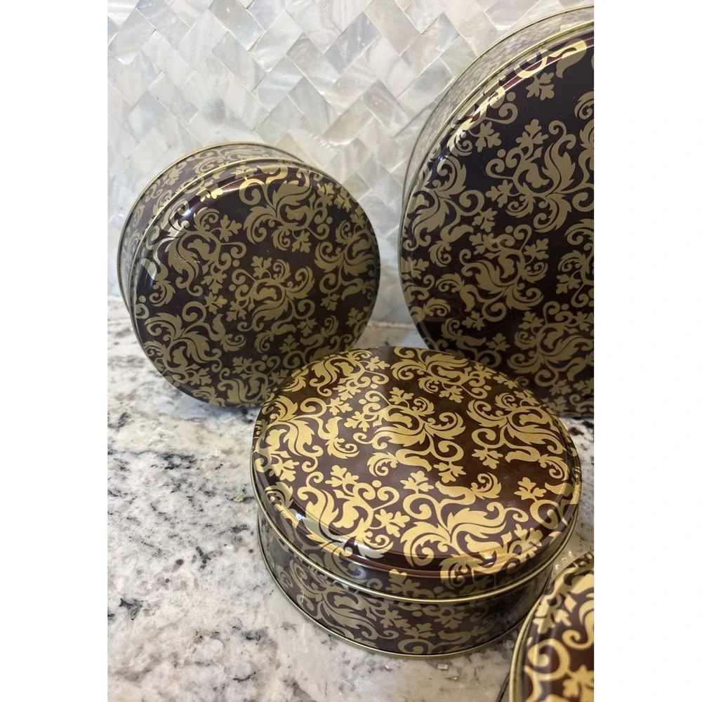 5 Vintage Round Gold Brown Metal Trinket Box Gift Tin Storage Leaf Pattern